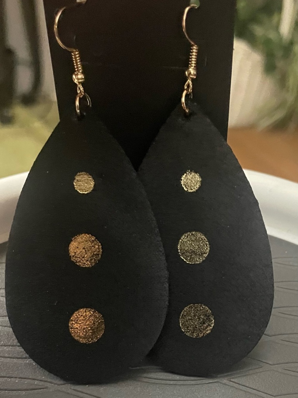 Black Leather Teardrop Earrings with Gold Dot Accents
